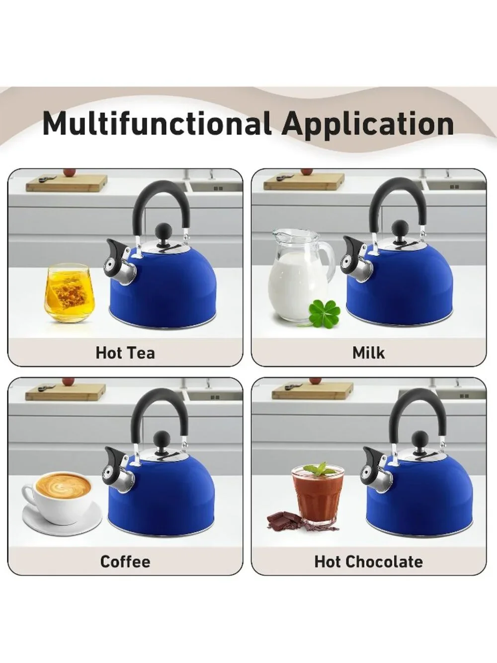 Blue Kitchen Whistling Tea Kettle 2 Quart Stainless Steel Stovetop Tea and Water